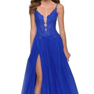 La Femme Royal Blue Floral Embroidered Illusion Plunge Tulle Ballgown
